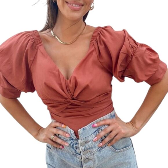 Vestique Top Burnt Orange V Neck Puffed Sleeve Pleated Tie Back Fairy Corset S - Picture 4 of 16